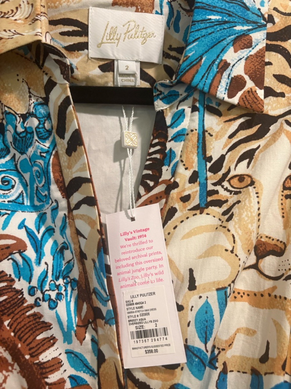 Lilly Pulitzer Blue and Brown Tropical Animal Print Shirt Dress, NWT. - Picture 3 of 5